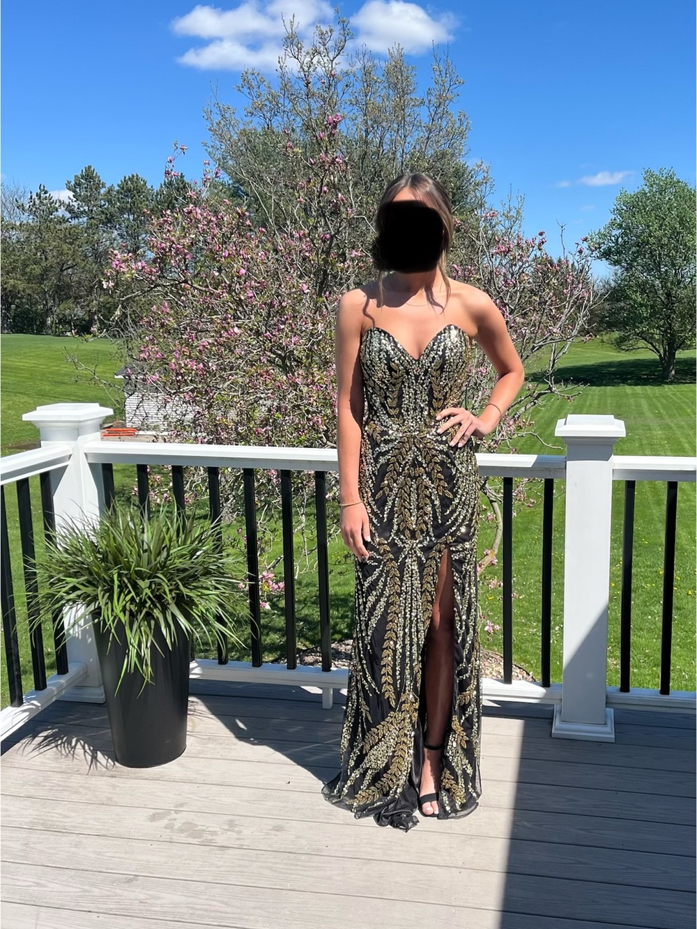 Primavera Couture Black and Gold Strapless Sequin Evening Gown.